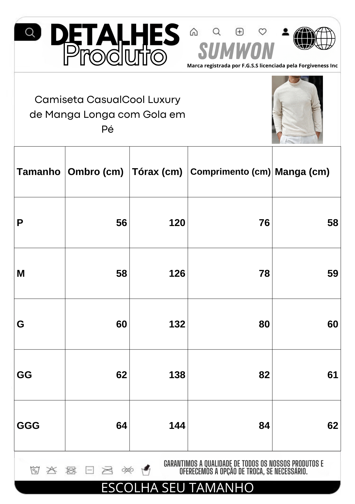 Camiseta CasualCool Luxury de Manga Longa com Gola em Pé