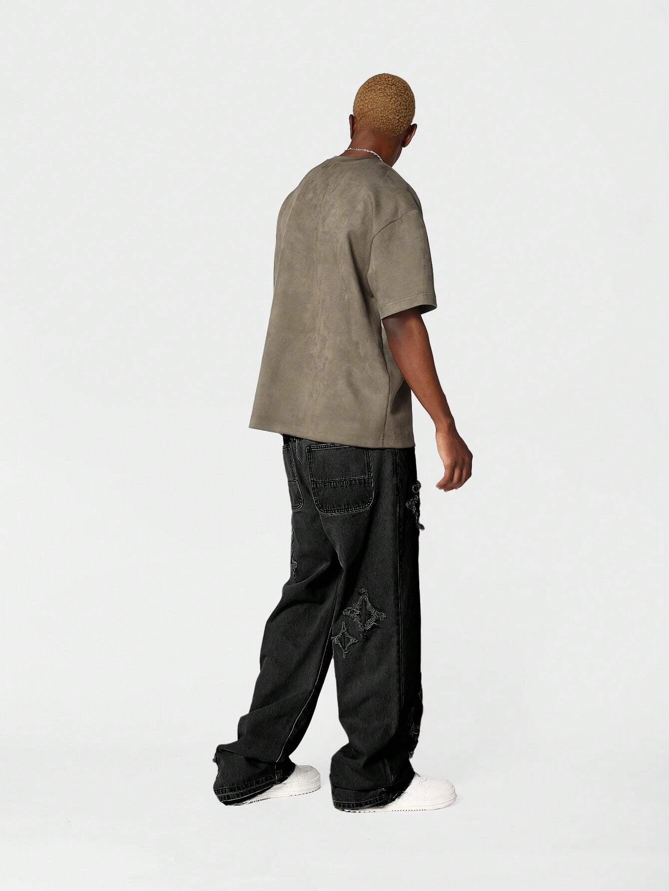 Calça  DROPSTREET Denim Solto com Aplicação Stars