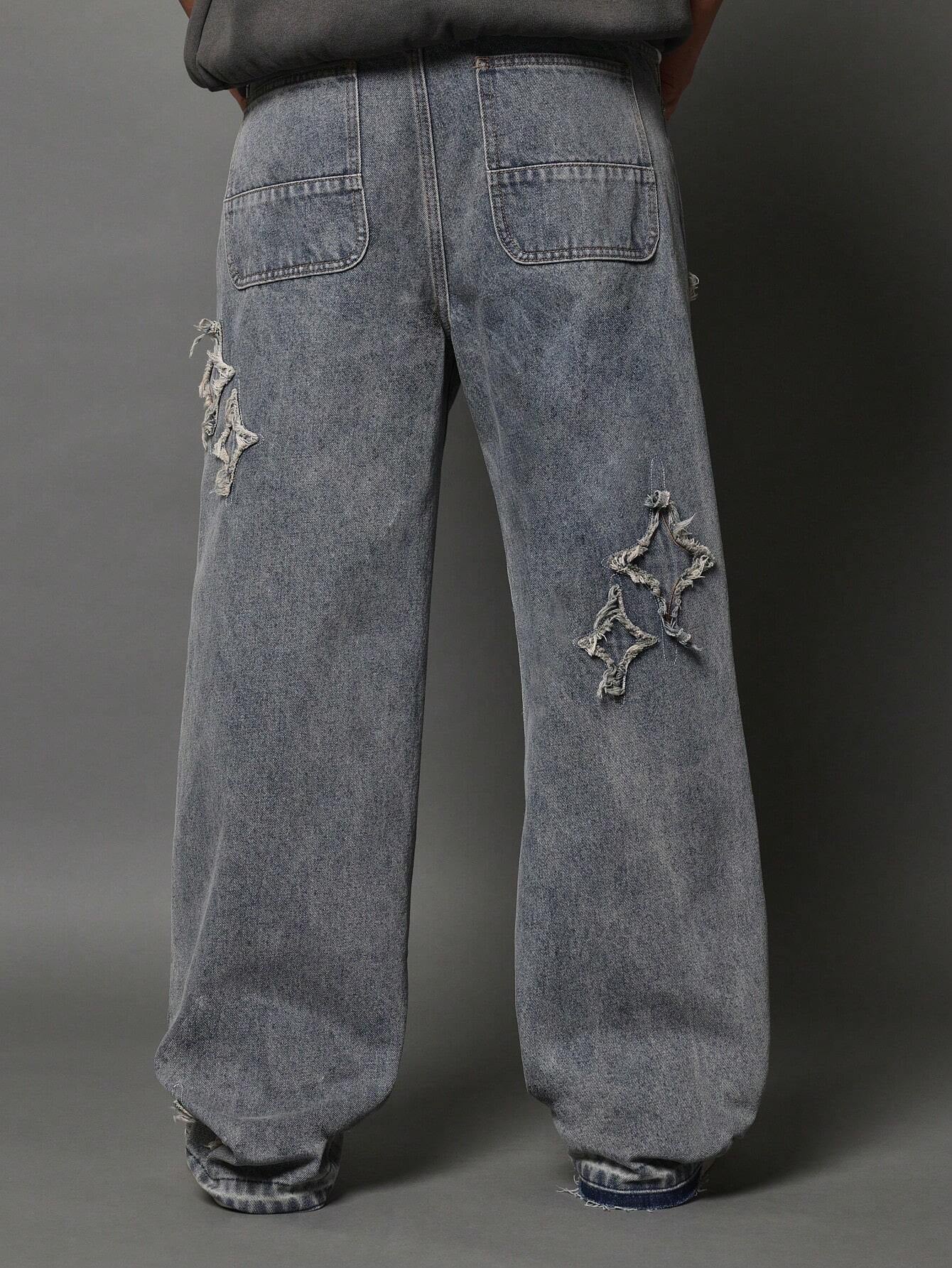 Calça  DROPSTREET Denim Solto com Aplicação Stars
