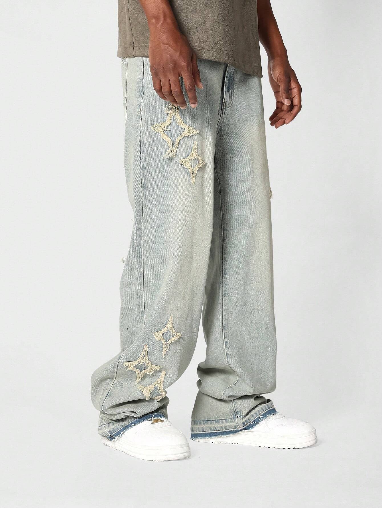 Calça  DROPSTREET Denim Solto com Aplicação Stars