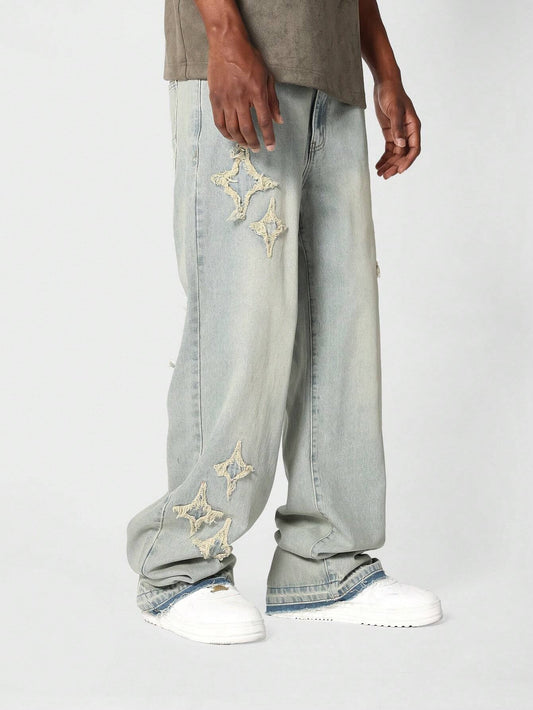Calça  DROPSTREET Denim Solto com Aplicação Stars