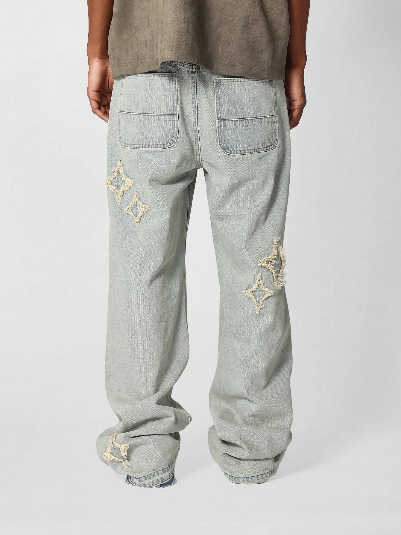 Calça  DROPSTREET Denim Solto com Aplicação Stars