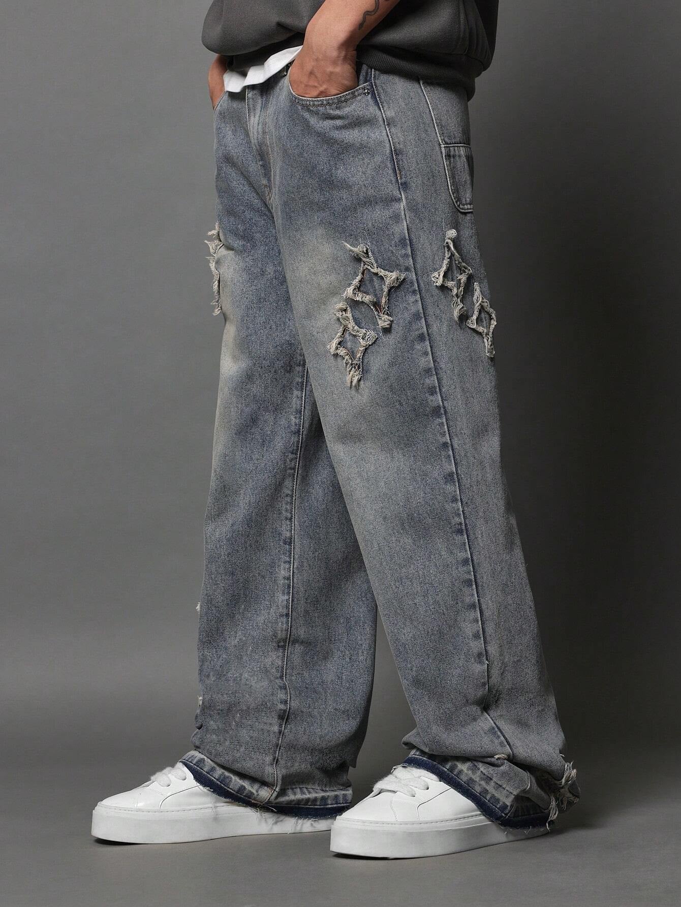 Calça  DROPSTREET Denim Solto com Aplicação Stars