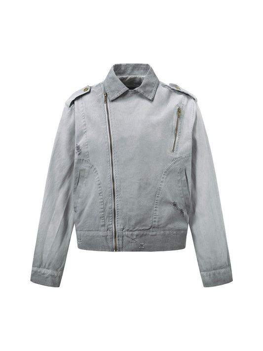 Jaqueta Distressed Irregular Zip Up Denim Jacket