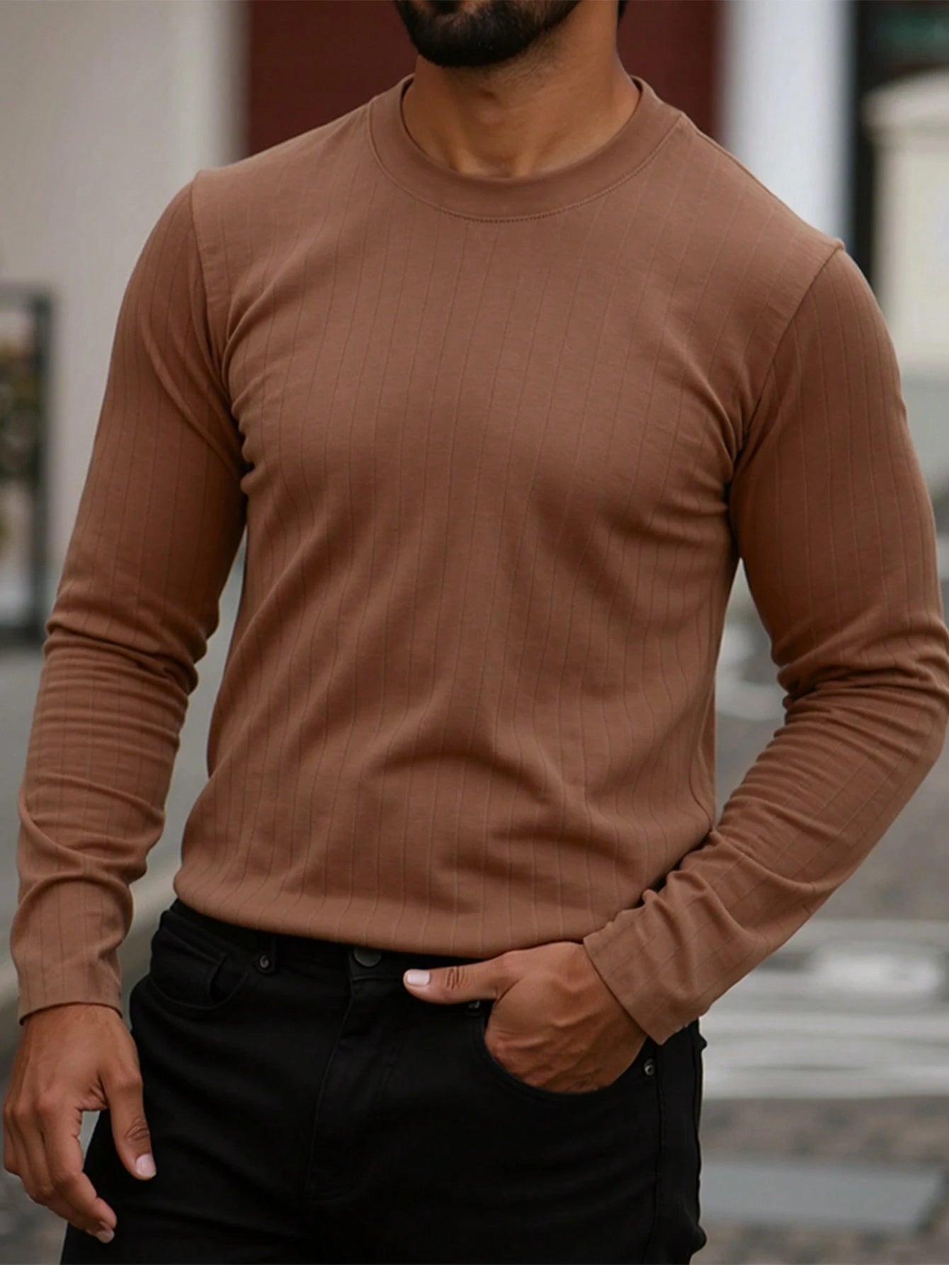 Camiseta CasualCool de Manga Longa e Gola Redonda com Nervuras