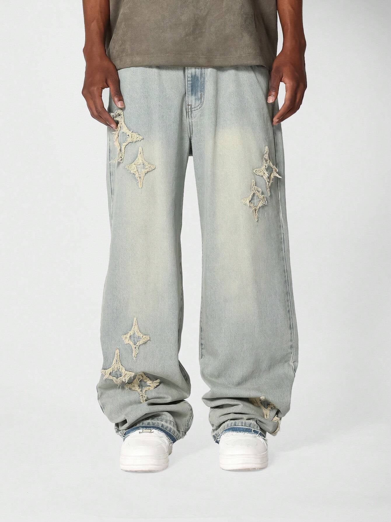 Calça  DROPSTREET Denim Solto com Aplicação Stars
