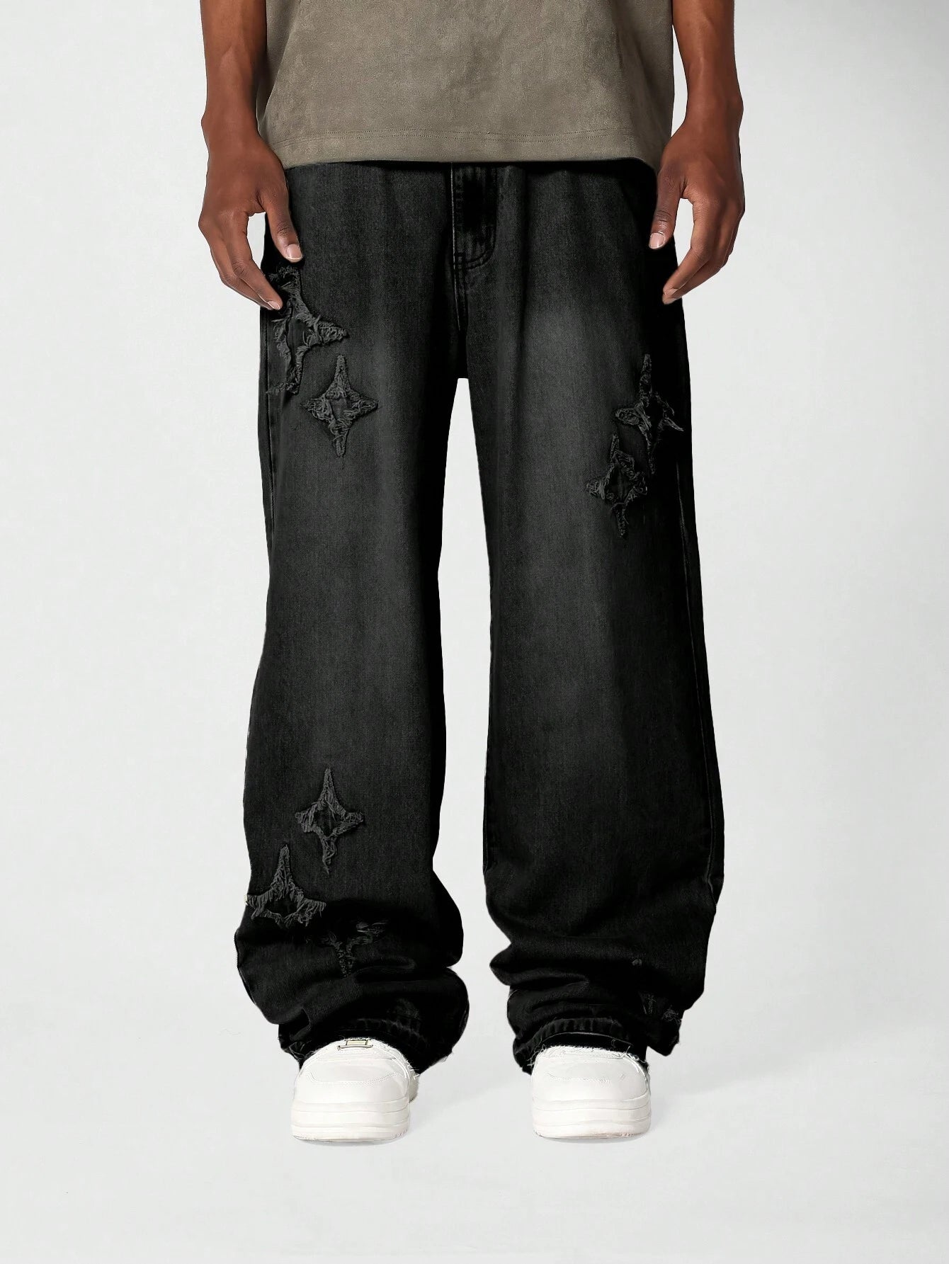 Calça  DROPSTREET Denim Solto com Aplicação Stars